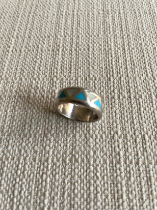 Vintage Inlay Turquoise And Mother Of Pearl Silver Band Ring  Size 7