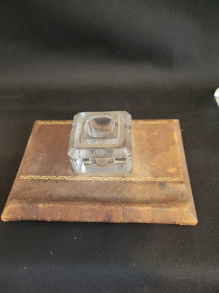 Vintage Glass Inkwell & Leather Pen Rest RCD