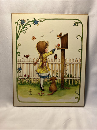 Vintage Denise Flemming, little girl, feeding birds SB MTS|134482