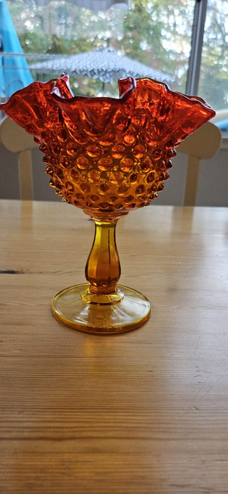 Fenton Amberina Hobnail Style Ruffled Pedestal Compote Candy Dish
