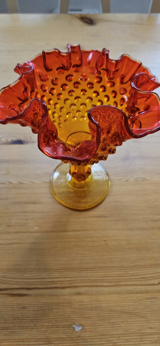 Fenton Amberina Hobnail Style Ruffled Pedestal Compote Candy Dish