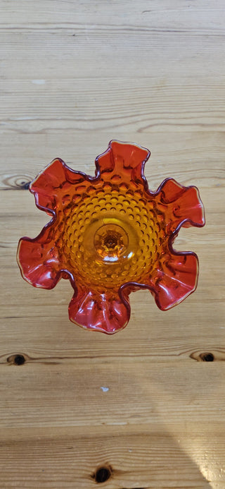 Fenton Amberina Hobnail Style Ruffled Pedestal Compote Candy Dish