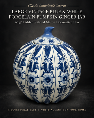 Large Vintage Blue and White Porcelain Pumpkin Ginger Jar - 10.5" Lidded Ribbed Melon Chinoiserie Decorative Urn