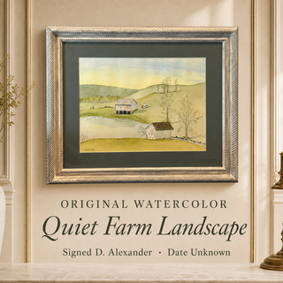 Original Watercolor "Quiet Farm Landscape" | Signed D. Alexander | Ornate White & Grey Frame