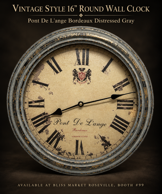 Vintage Style 16" Round Wall Clock – Pont De L'ange Bordeaux Distressed Gray