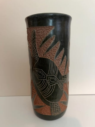 Vintage  Sgraffito Terra Cotta Vase w/ Turtles