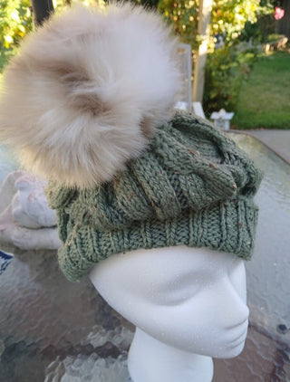 Light Green Hand Knit Cable Beanie w/PomPom|117048