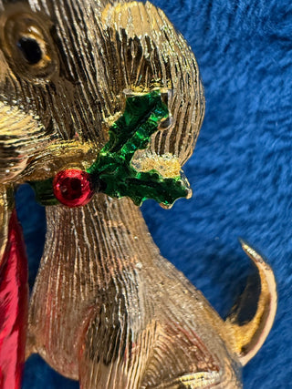 Gerry's Christmas Puppy Dog w Stocking + Holly Enamel PIN BROOCH Gold tone New|139020