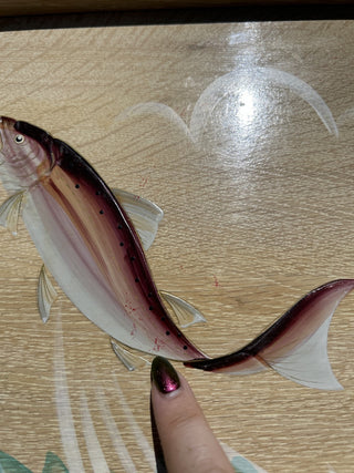 12F vintage set of 3 Woodpecker Woodware blonde wood trays with etched and painted fish MTS|83695