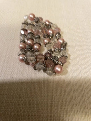 Pink clear, silver bead stretch bracelet three strands