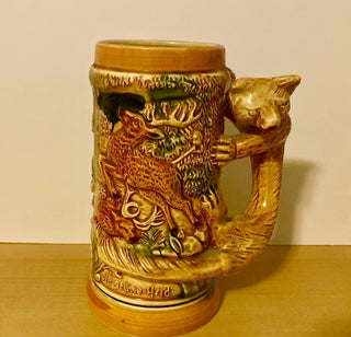 Vintage Beer Stein 3D Animals Fox handle Die Grune Heid Des Jagers Freud Japan #47 VV MTS|104899