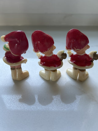 VTG 3 Mini Christmas Girls Hard Plastic Red Dress Pixie Elf H2.5" , 1960’s-RSV|140377