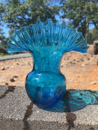 8” vintage Blenko Art Glass vase Azure Blue ruffled or crimped top edge