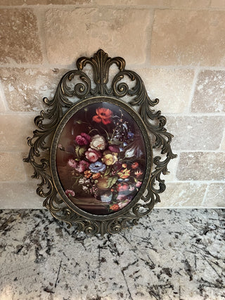 Antique Brass Oval Ornate Convex Italian Framed w/Reverse Painted Glass - RCD|71986