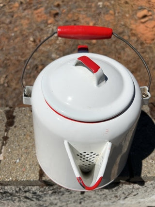 Vintage Extra-Large Enamel Ware Cowboy Coffee Pot Kettle Large Cowboy Camp Fire White Red