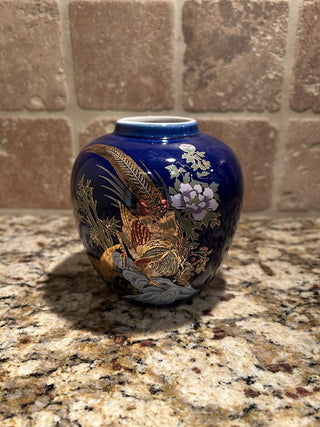 Cobalt Blue Vase with 2 Gold Pheasants    MTS