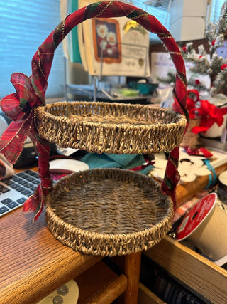 Two Tier Wicker Basket w/Christmas Ribbon on handle 12" RCD|95446