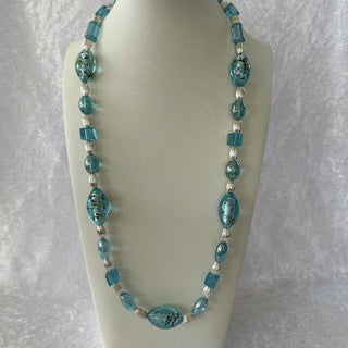beaded necklace, aquamarine & silver tone RSV