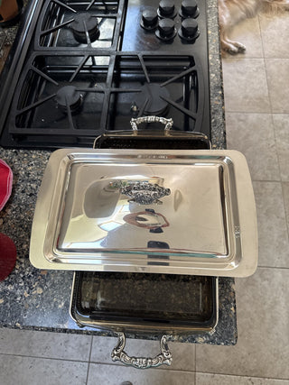 Vtg Footed Silver plate Serving Dish w/ Lid & Pyrex 9x13-KL RCD