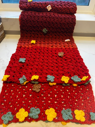 Hand Crochet Burned Orange XL Scarf w Flowers-RSV|118906