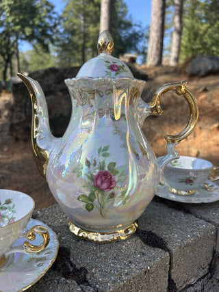 12F 5 piece iridescent and gold rose tea set RSV|79439