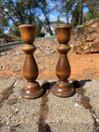 JP pair of vintage turned wood candlestick holders 7.5”