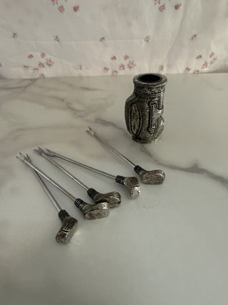 Vintage Silver Plated Golf Clubs w/Bag Hors d'oeuvre 6 Pc Set Barware|107780