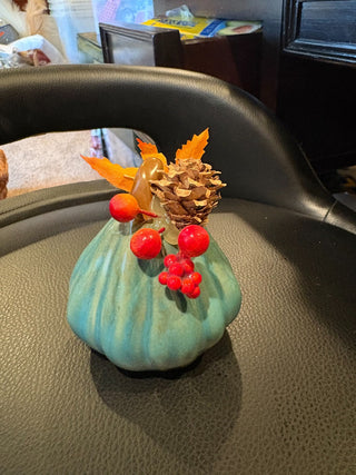 Turquoise & Brown Clay Pumpkin w/autumn decor 3.5"t x3"w RCD