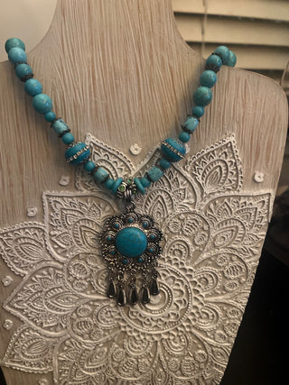 Mj94-Native Turquoise/Silver pendant tassel necklace  MTS|137436