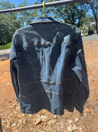 St. John's Bay blue denim jacket features a button-front blazer 1X
