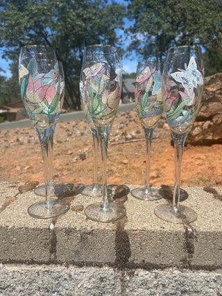 BB Set of 6 NWT Romanian Euroglass 10” Floral Champagne Flutes
