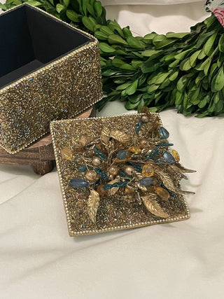 Pier 1 Gold/Teal Beaded Jewelry Box - RCD|101320