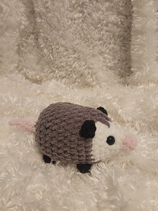 Opossum: Crocheted gray, black, white, pink. 8 inches.