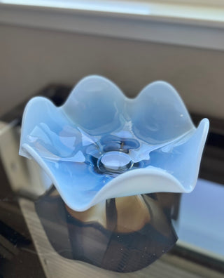 Vintage blue opalescent ruffled bowl|72017