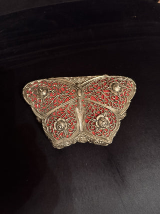 Vintage Rose Filigree Silver Tone Butterfly Jewelry Musical Box /Red Velvet #62 VV MTS