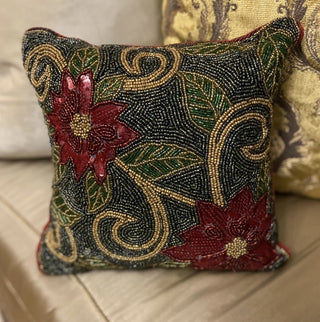 Gorgeous Pier 1 Christmas Glass Beaded, Sequins Poinsettia's Pillow 11" X 11" #47 VV MTS|129487