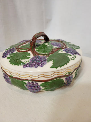 Vintage Signed 8" Pottery Dish with Lid, Grapes & Leaves RCD|82838