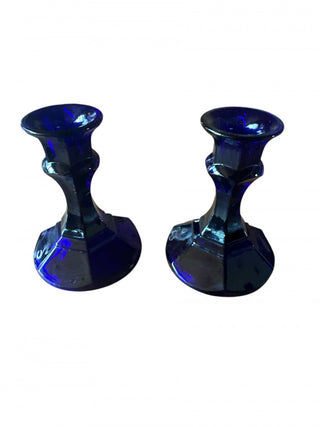 Vintage Cobalt Blue Glass Candlestick Pair Candle Hexagone Style #63 VV MTS|133702