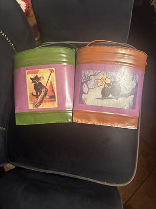 Primitive Halloween Metal Wall Pockets  handle Rustic Tin containers #47 vv MTS