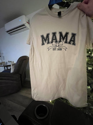 M uni sex, sand , with MAMA print and bow est. 2026