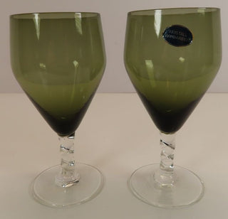 (TWO) Vtg German GREEN Lead Crystal Twisted Stem Wine Glasses|85452