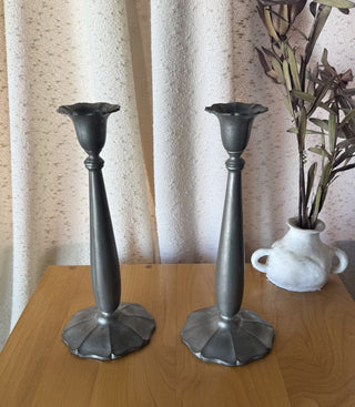 Vintage Pewter Petal Candlestick Holder Pair (LZD - RSV)|108493