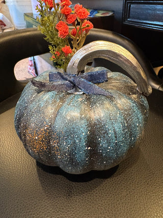 Dark Blue Speckled Resin pumpkin w/orange flowers RCD|115443