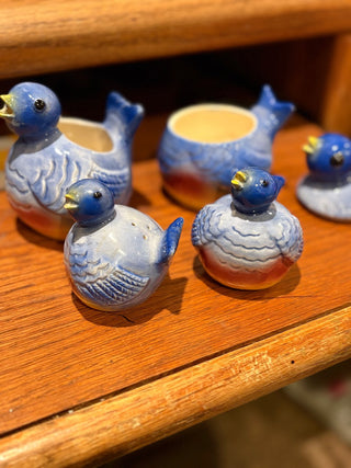 Vtg. Marston Pottery Bluebird Salt& Pepper set, sugar bowl w/lid, & creamer (5 pieces