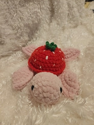 Strawberry Sea Turtle: Crocheted red, pink, white, green