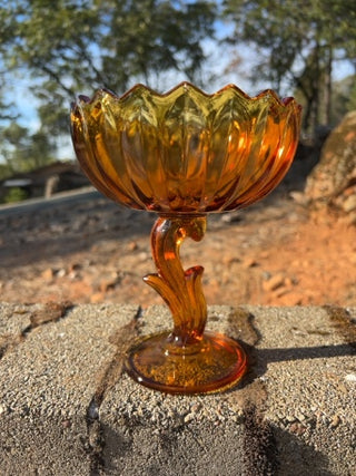 JP Vintage MCM 7" Indiana Amber Glass Lotus Blossom Pedestal Compote Candy Dish