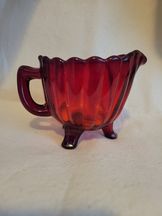 Vintage Ruby Red Footed Creamer & Sugar Dish Set RCD