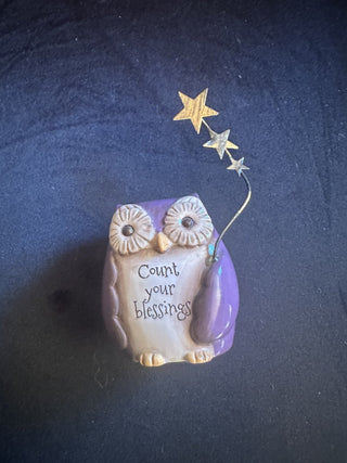 Tiny purple Owl with metal stars "Count your blessing" #62 VV MTS