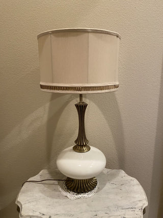 MCM solid brass and off-white glass lamp w/shade|50563
