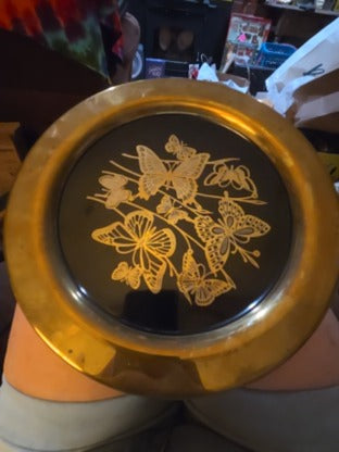 Vintage Beautiful Black and Brass plate with Butterflies 10"